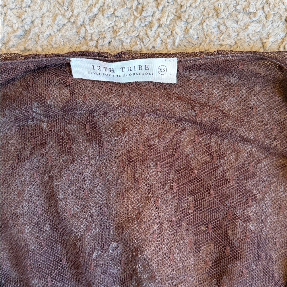 12th Tribe Sheer Lace Tie-Front Blouse in Dark Brown - Picture 6 of 10